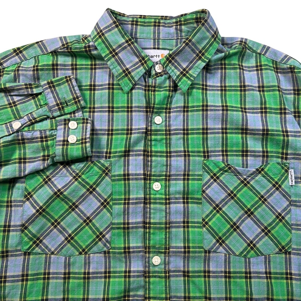 Carhartt Plaid Button Up Shirt Mens L Green Blue Long Sleeve Lightweight 2011